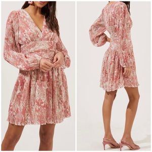ASTR The Label Coral Floral Plisse Wrap Front Mini Dress